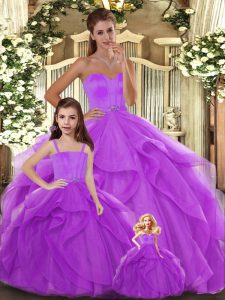 Charming Lilac Sweetheart Lace Up Beading and Ruffles 15th Birthday Dress Sleeveless