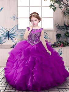 Organza Scoop Sleeveless Zipper Beading and Ruffles Little Girls Pageant Dress Wholesale in Purple