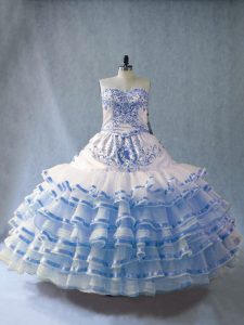 Blue And White Sweetheart Neckline Embroidery and Ruffled Layers Sweet 16 Quinceanera Dress Sleeveless Lace Up