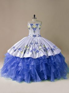 Glorious Blue And White Satin and Organza Lace Up Sweetheart Sleeveless Ball Gown Prom Dress Brush Train Embroidery and Ruffles