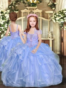 Stunning Blue Lace Up Little Girls Pageant Dress Beading Sleeveless Floor Length