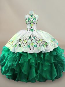Glittering Dark Green Ball Gowns Halter Top Sleeveless Organza Floor Length Lace Up Embroidery Quinceanera Gowns