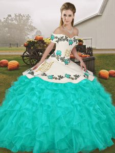 Turquoise Sleeveless Organza Lace Up 15 Quinceanera Dress for Military Ball and Sweet 16 and Quinceanera