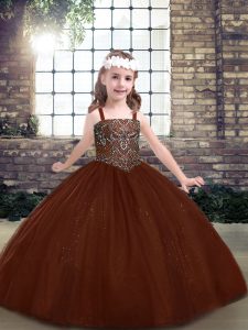 Fancy Brown Sleeveless Floor Length Beading Lace Up Kids Formal Wear