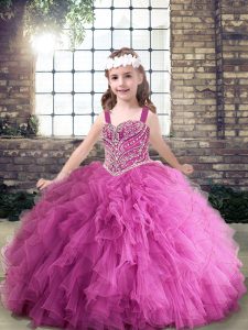 Lilac Ball Gowns Tulle Straps Sleeveless Beading Floor Length Zipper Kids Formal Wear