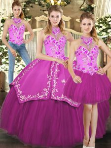 Elegant Fuchsia Satin and Tulle Lace Up Quince Ball Gowns Sleeveless Floor Length Embroidery