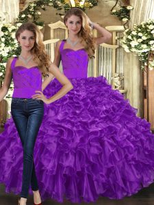 Pretty Purple Two Pieces Ruffles Ball Gown Prom Dress Lace Up Organza Sleeveless Floor Length