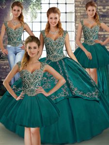Floor Length Teal Sweet 16 Dress Tulle Sleeveless Beading and Embroidery