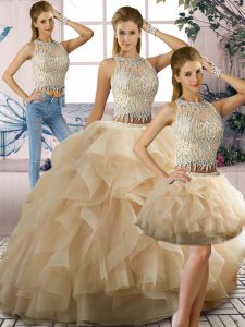 Champagne Two Pieces Tulle Scoop Sleeveless Beading and Ruffles Floor Length Zipper Quinceanera Gown