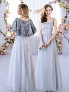 Shining Grey Empire Straps Sleeveless Tulle Floor Length Lace Up Appliques Quinceanera Court of Honor Dress