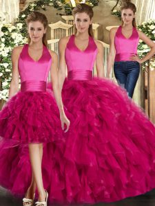 Eye-catching Fuchsia Halter Top Neckline Ruffles Quinceanera Gowns Sleeveless Lace Up