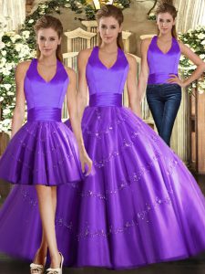 Vintage Purple Halter Top Neckline Beading Sweet 16 Dress Sleeveless Lace Up