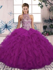 Unique Purple Ball Gown Prom Dress Military Ball and Sweet 16 and Quinceanera with Beading and Ruffles Halter Top Sleeveless Lace Up