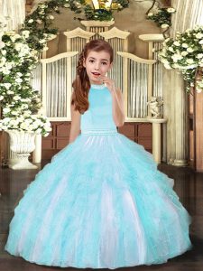 Aqua Blue Tulle Backless Halter Top Sleeveless Floor Length Pageant Gowns For Girls Beading and Ruffles