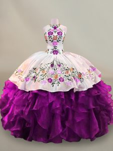 Amazing High-neck Sleeveless Sweet 16 Dress Floor Length Embroidery Purple Organza