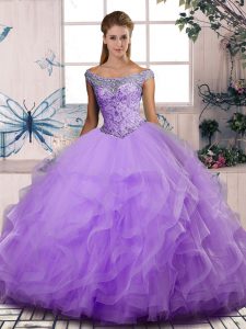 Off The Shoulder Sleeveless Tulle Quinceanera Dresses Beading and Ruffles Lace Up