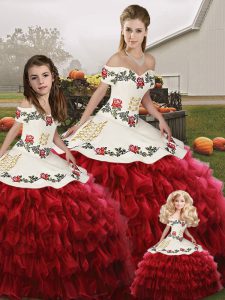 Unique Embroidery and Ruffled Layers Ball Gown Prom Dress Wine Red Lace Up Sleeveless Floor Length