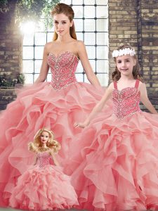 Lace Up 15th Birthday Dress Watermelon Red for Military Ball and Sweet 16 and Quinceanera with Beading and Ruffles Brush Train