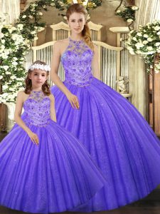 Custom Designed Lavender Tulle Lace Up Quinceanera Dresses Sleeveless Floor Length Beading