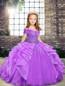 Lavender Sleeveless Organza Lace Up Little Girls Pageant Dress for Party and Wedding Party