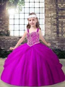 New Style Floor Length Fuchsia Little Girl Pageant Gowns Straps Sleeveless Lace Up