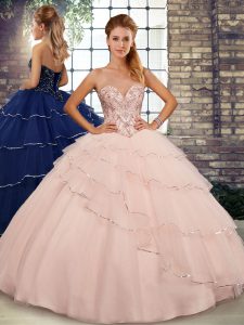 Dazzling Beading and Ruffled Layers Quince Ball Gowns Peach Lace Up Sleeveless Brush Train