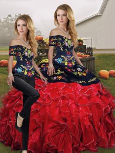 Organza Off The Shoulder Sleeveless Lace Up Embroidery and Ruffles Sweet 16 Dresses in Red And Black