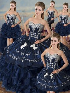 Fitting Sweetheart Sleeveless Quinceanera Dress Floor Length Embroidery and Ruffles Navy Blue Satin and Organza