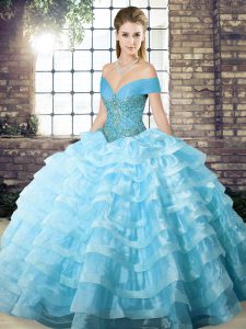 High Quality Aqua Blue Organza Lace Up Off The Shoulder Sleeveless Sweet 16 Quinceanera Dress Brush Train Beading and Ruffled Layers