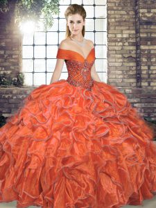 Orange Red Ball Gowns Beading and Ruffles Sweet 16 Dress Lace Up Organza Sleeveless Floor Length