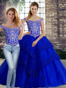 Royal Blue Tulle Lace Up 15th Birthday Dress Sleeveless Brush Train Beading and Lace