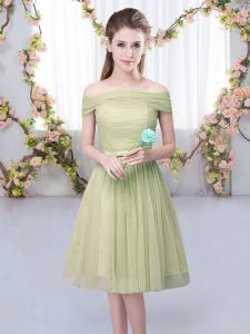 Traditional Short Sleeves Knee Length Belt Lace Up Dama Dress with Olive Green