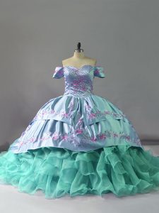 Blue Sleeveless Chapel Train Embroidery and Ruffles Quinceanera Dresses