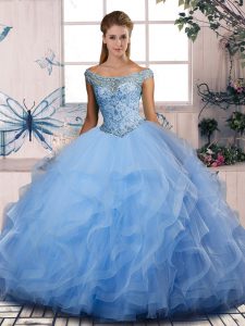 Beauteous Blue Ball Gowns Tulle Off The Shoulder Sleeveless Beading and Ruffles Floor Length Lace Up Ball Gown Prom Dress