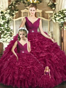 Custom Design Burgundy Backless Quinceanera Dress Beading and Ruffles Sleeveless Floor Length