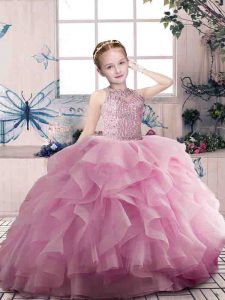 Wonderful Pink Girls Pageant Dresses Party and Sweet 16 and Wedding Party with Beading and Ruffles Scoop Sleeveless Zipper