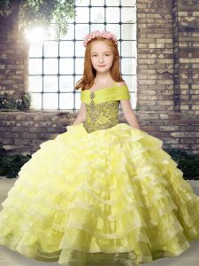 Yellow Straps Neckline Beading and Ruffled Layers Kids Pageant Dress Sleeveless Lace Up