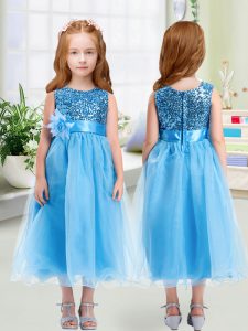 Perfect Baby Blue Empire Sequins and Hand Made Flower Pageant Gowns For Girls Zipper Organza Sleeveless Tea Length