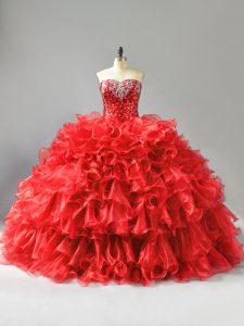 Charming Organza Sweetheart Sleeveless Lace Up Beading and Ruffles and Sequins Quinceanera Dress in Red