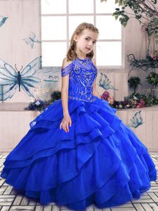Floor Length Royal Blue Little Girl Pageant Dress Organza Sleeveless Beading