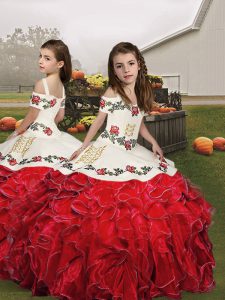 Popular Embroidery and Ruffles Girls Pageant Dresses Red Lace Up Sleeveless Floor Length