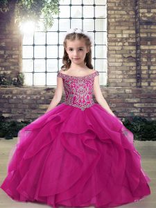 New Style Tulle Sleeveless Floor Length Little Girl Pageant Gowns and Beading and Ruffles