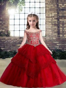 Floor Length Lace Up Little Girls Pageant Dress Red for Party and Military Ball and Wedding Party with Lace and Appliques