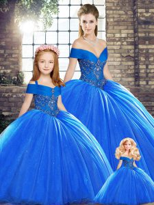 Unique Organza Off The Shoulder Sleeveless Brush Train Lace Up Beading Sweet 16 Dresses in Royal Blue