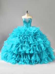 Free and Easy Aqua Blue Sleeveless Floor Length Ruffles and Sequins Lace Up Vestidos de Quinceanera