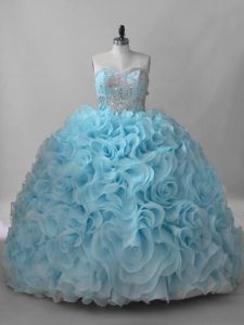 Smart Baby Blue Ball Gowns Beading Quince Ball Gowns Lace Up Fabric With Rolling Flowers Sleeveless