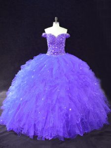 Off The Shoulder Sleeveless Lace Up Quinceanera Dress Purple Tulle