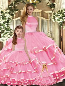 Floor Length Lace Up Ball Gown Prom Dress Pink and In with Beading and Ruffled Layers