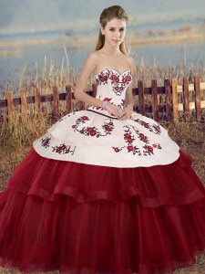 Floor Length Lace Up Quinceanera Dress White And Red for Military Ball and Sweet 16 and Quinceanera with Embroidery and Bowknot