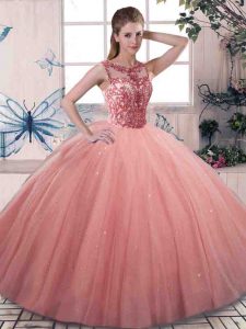 On Sale Sleeveless Floor Length Beading Lace Up Quinceanera Gowns with Watermelon Red